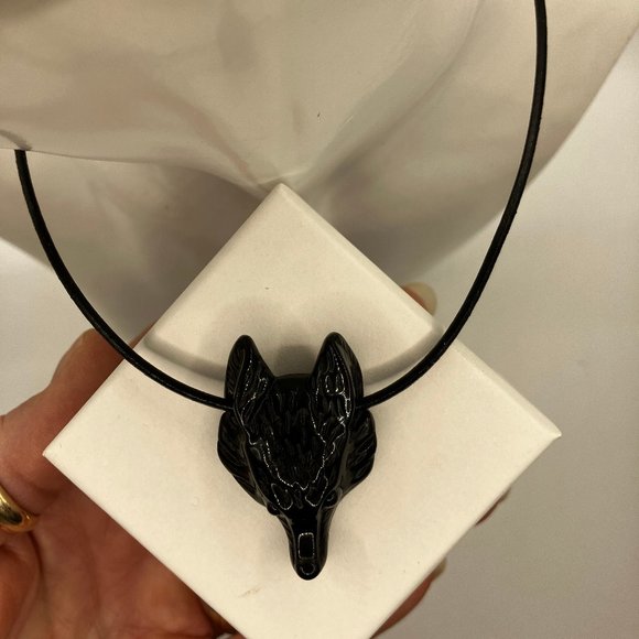 NEW Wolf Black Obsidian Gemstone hand carved Wolf Head Choker Genuine Leather - Picture 7 of 12